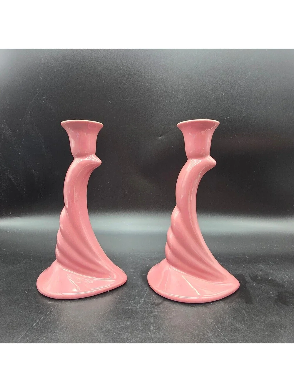 Vintage 1992 Royal Haeger Mauve Pink Ceramic Swirl Candlestick Holders #422